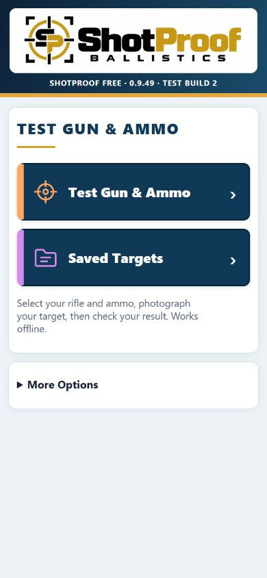 ShotProof Free home screen with Test Gun and Ammo and Saved Targets
