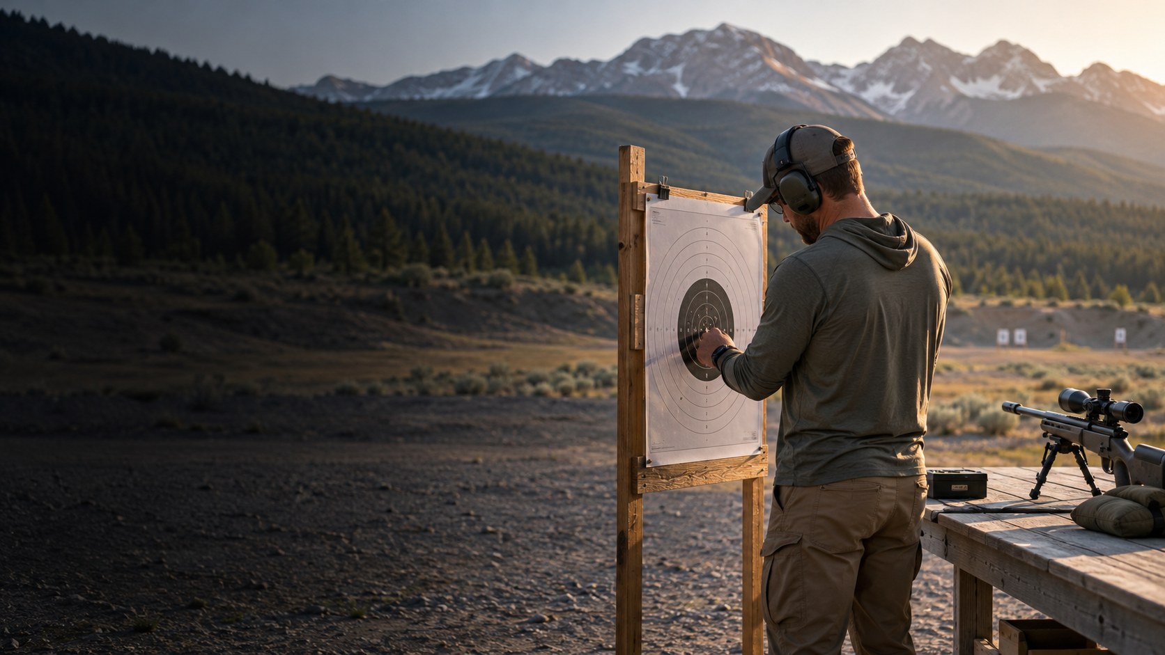 A shooter inspecting his target at a mountain range